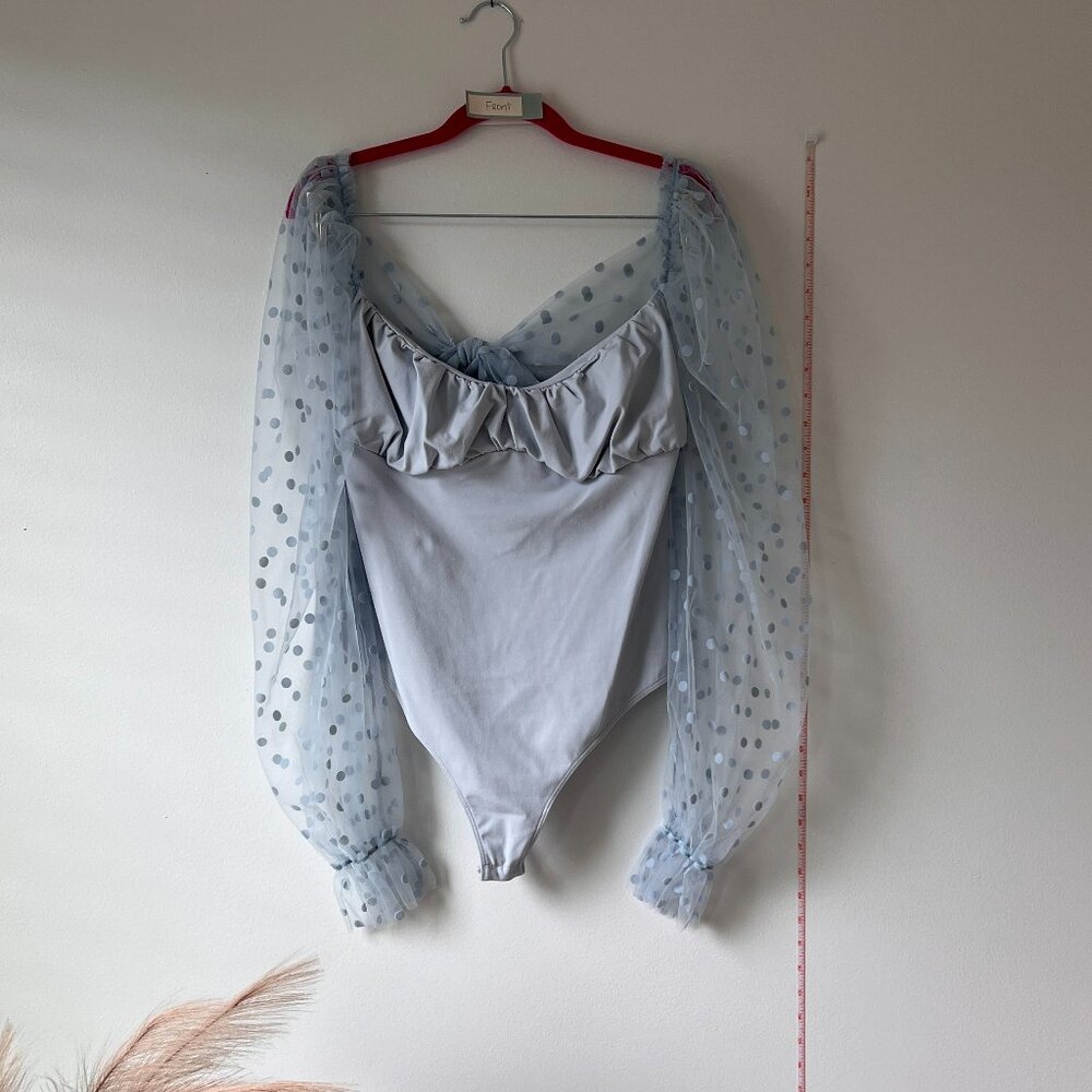 Free People Bodysuit – NEVER WORN! Baby Blue, Sheer Puffed Sleeves, Size L